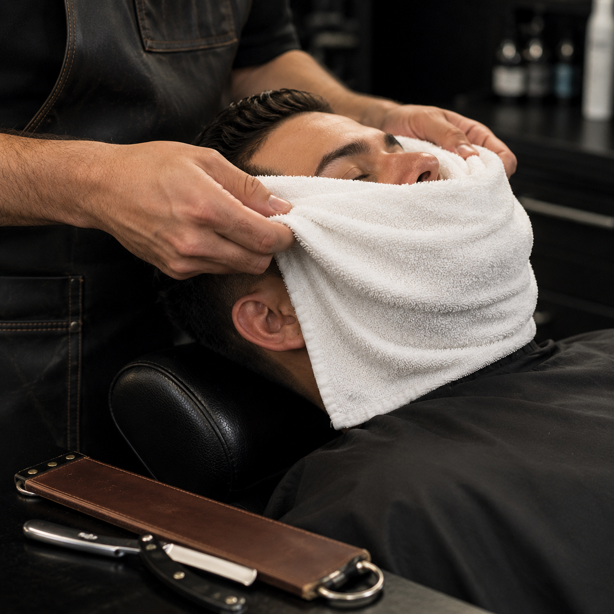 Hot towel + straight razor.